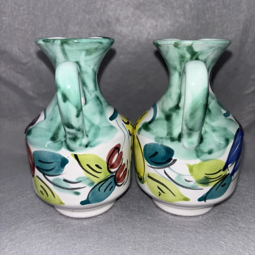 Vintage P. Sorrentino Ravello Oil & Vinegar Cruets W/Caddy Hand painted In Italy